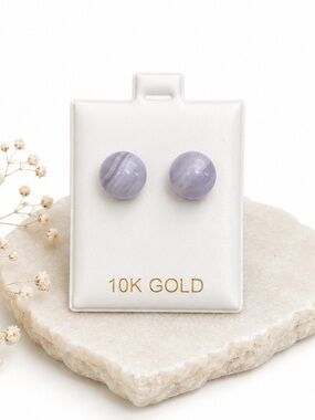 10K Gold Natural Blue Lace Agate Stone Stud Earrings NWT